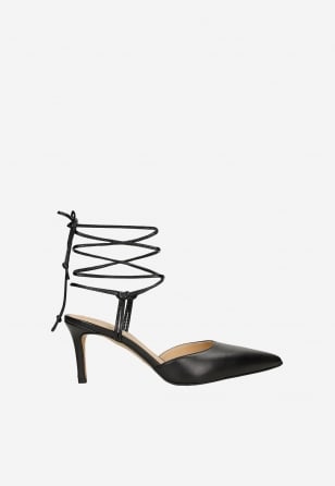 Czarne wiązane czółenka damskie z noskiem w szpic 35168-51