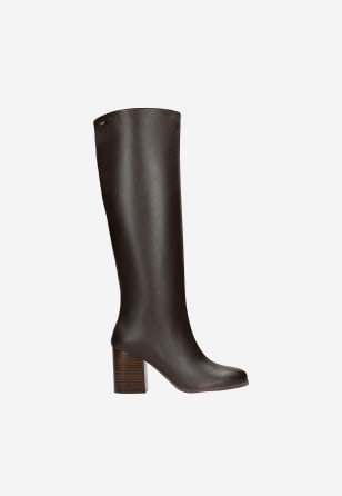 Czekoladowe skórzane kozaki damskie na słupku 71136-52