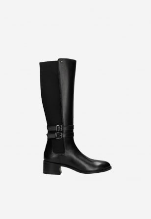 Czarne skórzane kozaki z ozdobnymi klamrami 71144-81