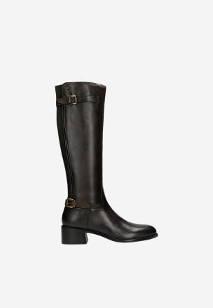 Brązowe kozaki damskie ze skóry licowej i materiału 71145-81