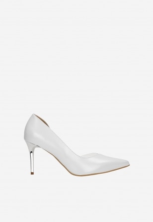 Białe perłowe czółenka damskie na srebrnej szpilce 35179-89