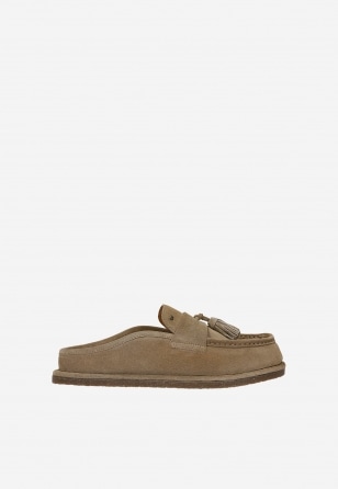 Beżowe klapki damskie z dwoiny typu mule loafers 74161-64