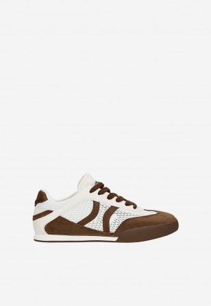 Beżowo-brązowe sneakersy damskie w stylu retro z ażurową cholewką RELAKS R46185-82