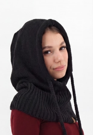 Czarny kaptur balaklawa z wełny merino i bawełny R96036-81