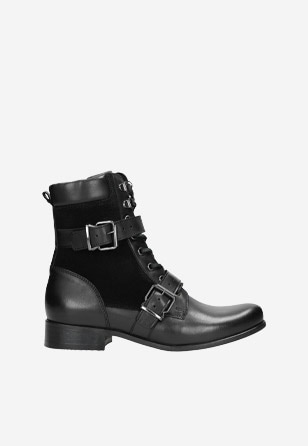 Černé kožené dámské kotníkové boty se šněrováním 64003-71