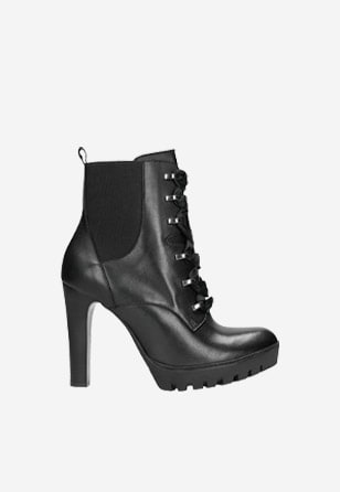 Černé šněrovací dámské kotníkové boty na podpatku 64024-81