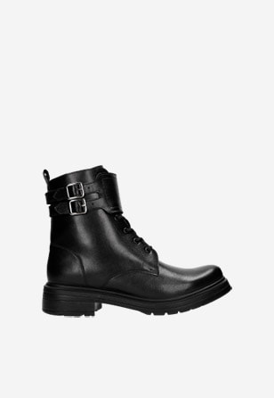 Černé kožené dámské kotníkové boty s přezkami 64028-51
