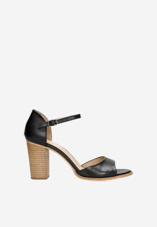 Černé kožené dámské sandály na podpatku s hnědou podrážkou 76040-51