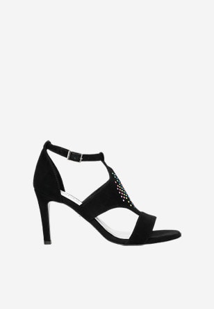 Czarne sandały damskie z kolorowymi kryształkami 76065-65